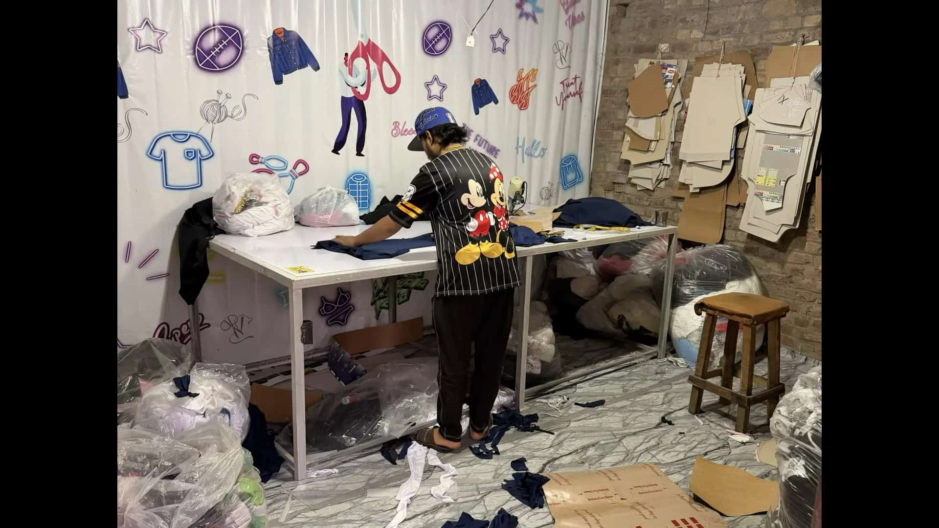 Worker preparing custom apparel at Mughal Apparel design table — Daska, Sialkot, Pakistan