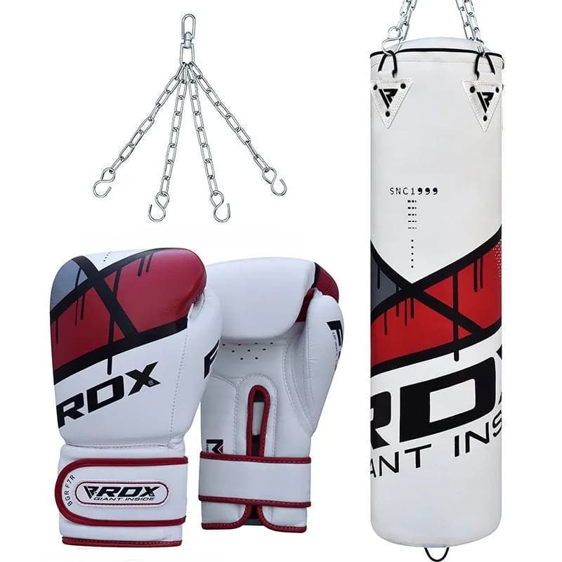 RDX F7 Ego 4ft / 5ft 3-in-1 Punch Bag with Gloves Red / White Set — image 1 of 1