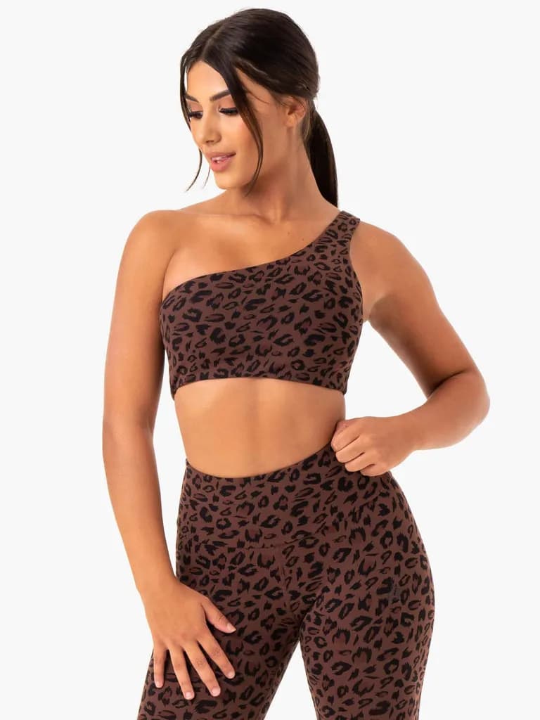 Adapt One Shoulder Sports Bra - Chocolate Leopard — image 1 of 1