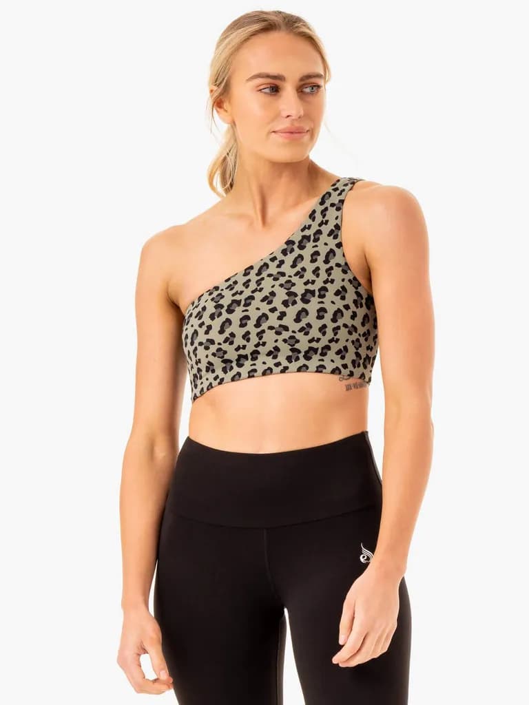 Adapt One Shoulder Sports Bra - Khaki Leopard — image 1 of 1