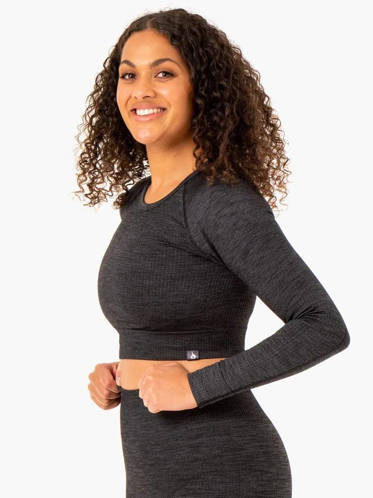 Rib Seamless Long Sleeve Top - Black Marl — image 1 of 1