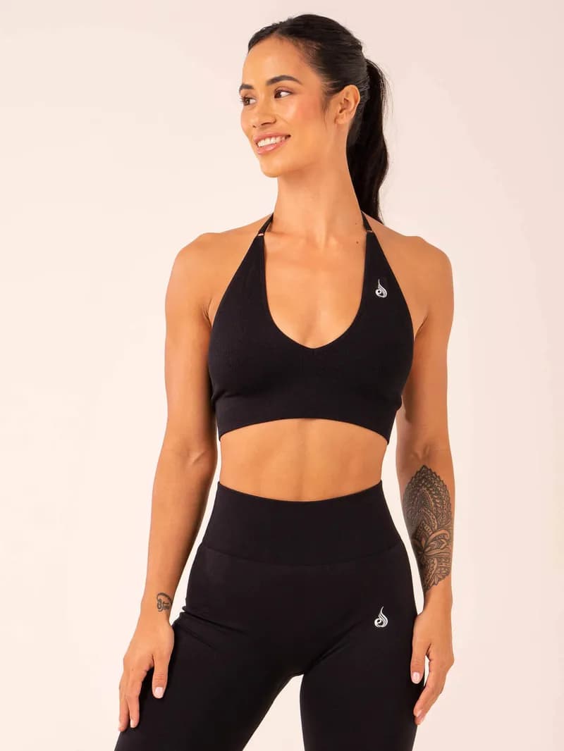 Rib Seamless Halter Sports Bra - Black — image 1 of 1