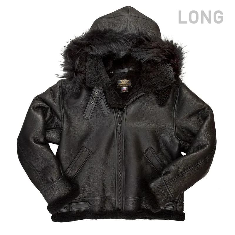 All Black B-3 Hooded Sheepskin Bomber Jacket Long Z203615BL — image 1 of 1