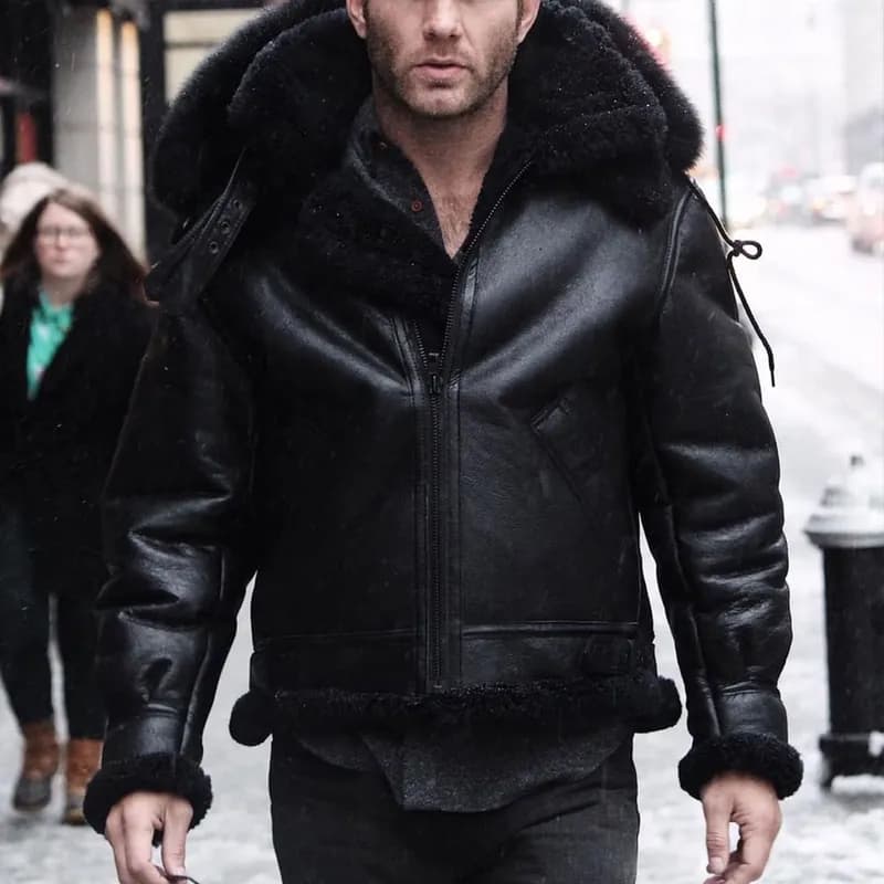 All Black B-3 Hooded Sheepskin Bomber Jacket Z203615B — image 1 of 1