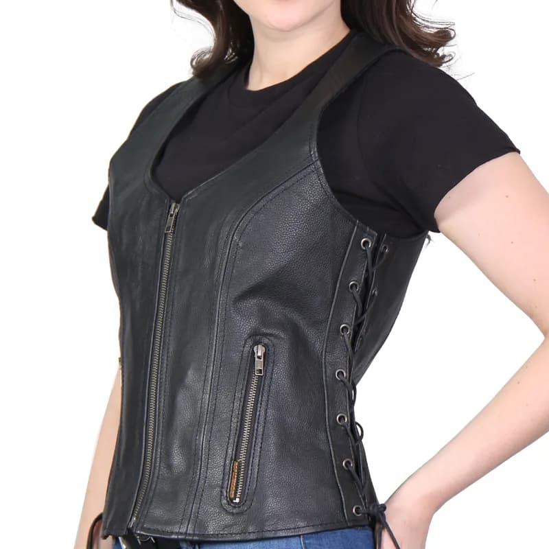 Hot Leathers VSL1013 Ladies Black Leather Side Lace Zip-Up Vest — image 1 of 1