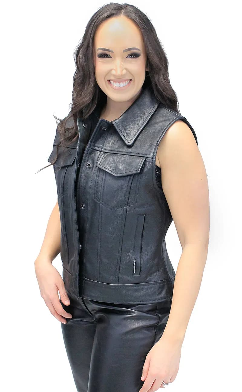 Ladies Black 'Open Back' Halter Top Leather Vest — image 1 of 1