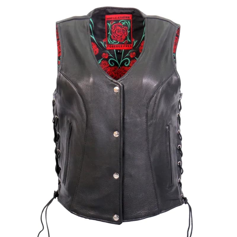 Ladies 'Red Rose' Lined Black Leather MC Vest — image 1 of 1