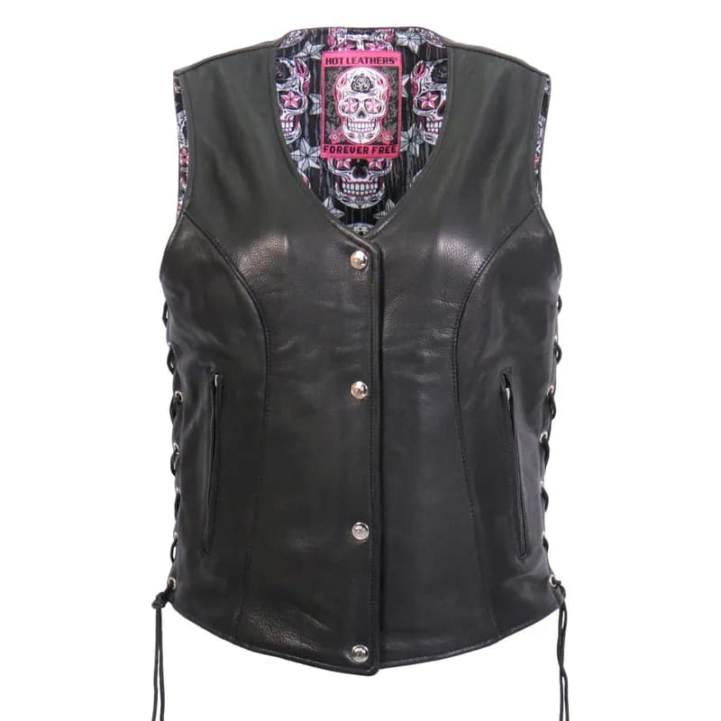 Ladies 'Sugar Skull' Lined Black Leather MC Vest — image 1 of 1