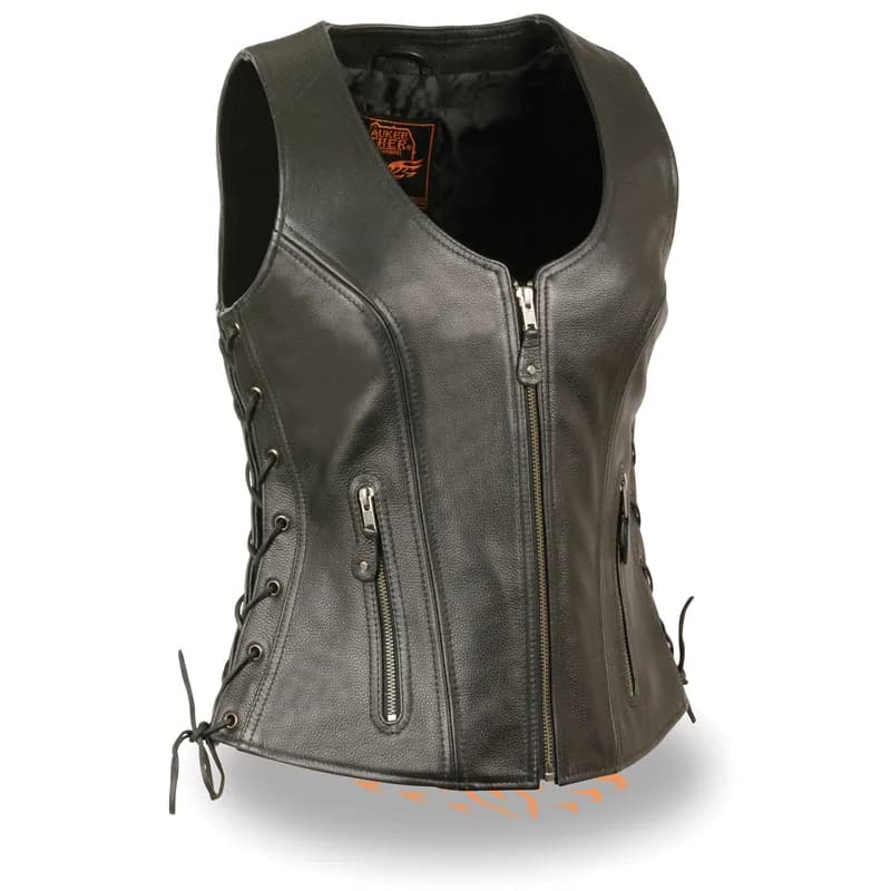 Ladies XS773 Black Zippered M/C Lapel Leather Vest — image 1 of 1