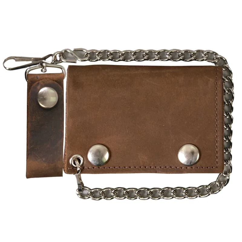 Men's Distressed Brown Tri-Fold Leather Wallet with Chain — image 1 of 1