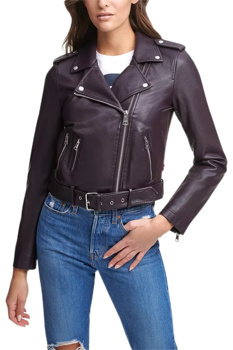 Violet Leather Belted Moto Jacket — image 1 of 1