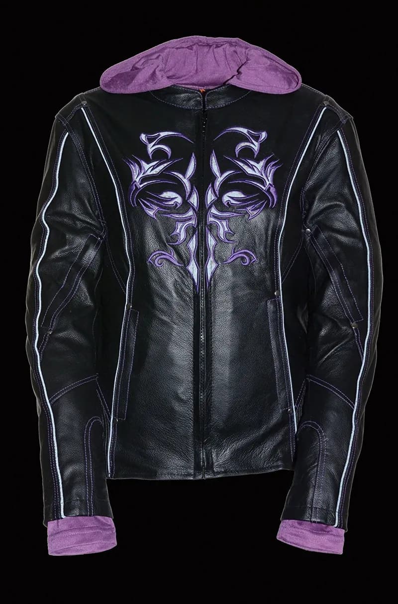 Women's Black Leather Jacket with Purple Butterfly Design — image 1 of 1