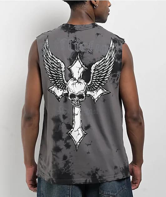 Afflicition Crossed Over Cutoff Black Tie Dye Tank Top