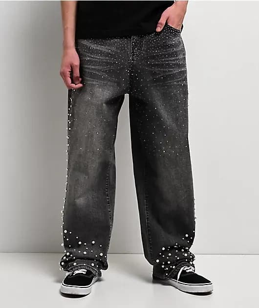 Pearl Rhinestone Grey Wash Baggy Jeans — image 1 of 1
