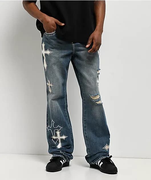 Defender Applique Crosses Reverent Blue Flare Jeans — image 1 of 1