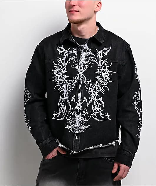Destroyed Denim Black Wash Long Sleeve Button Up Crop Shirt — image 1 of 1