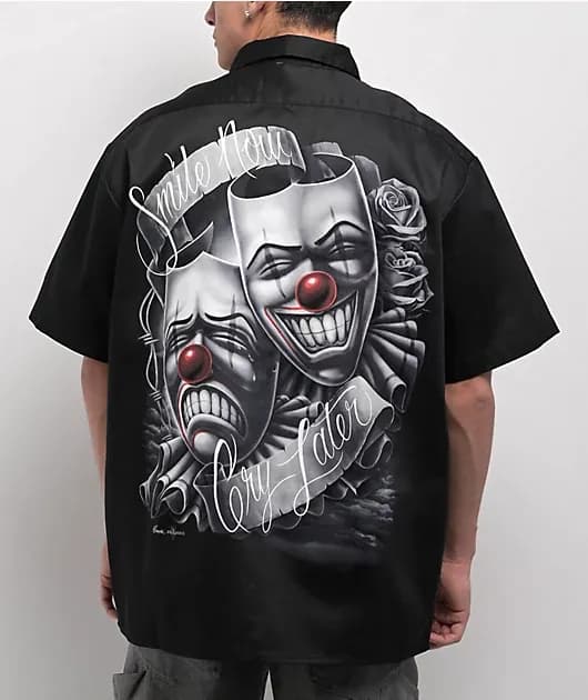 Classic Graphic Drama Faces Black Work Shirt — image 1 of 1
