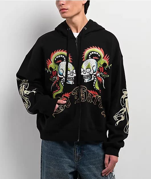 Dragon Skull Rhinestone Black Zip Hoodie — image 1 of 1
