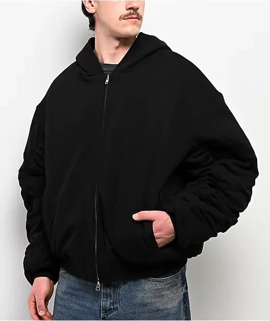 Fleece Black Hooded Crop Bomber Jacket — image 1 of 1