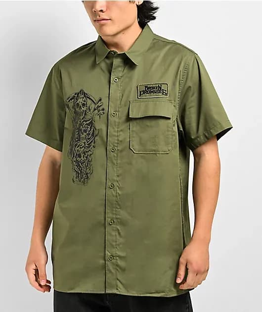 Grim Love Green Short Sleeve Button Up Shirt — image 1 of 1