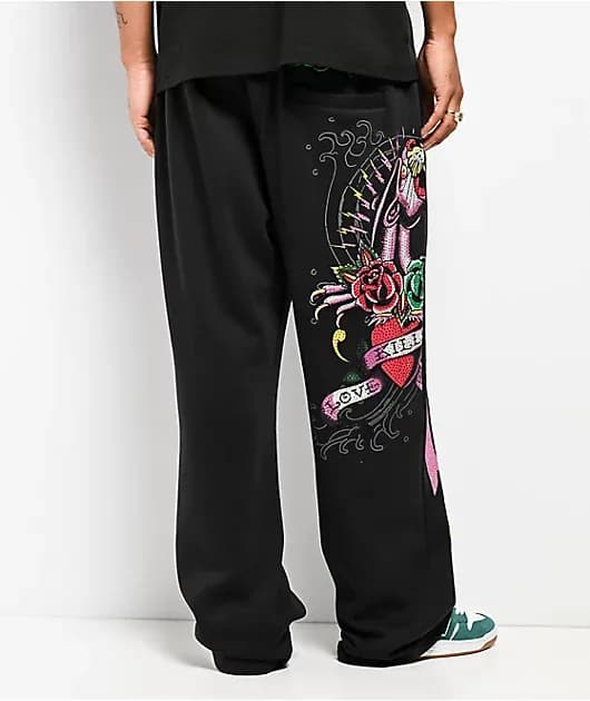Panther Rose Rhinestone Black Baggy Sweatpants — image 1 of 1