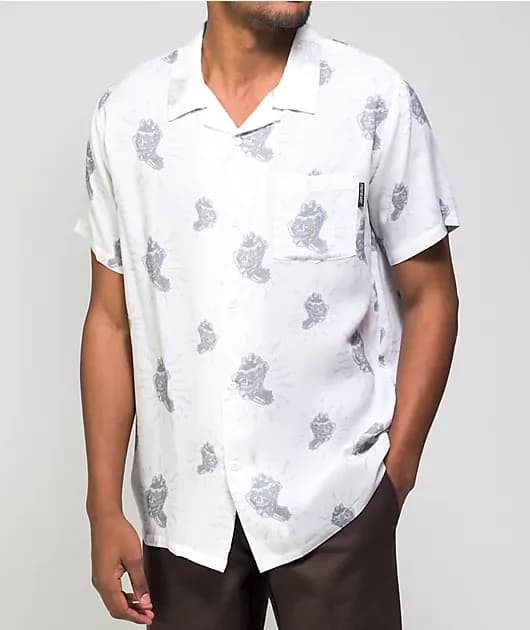 Screaming Skull White Short Sleeve Button Up Shirt — image 1 of 1