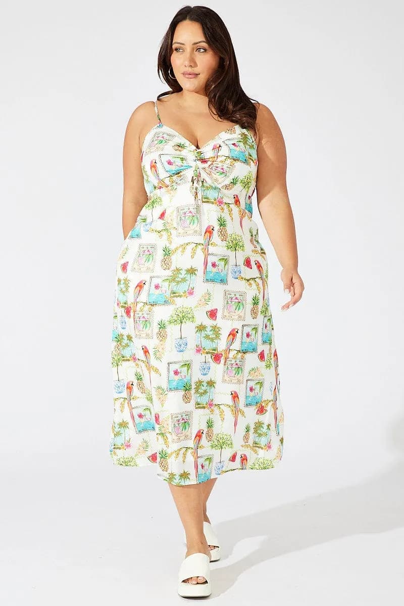 Abstract Print Drawstring Midi Dress