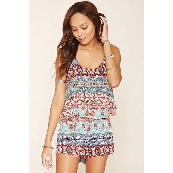 Abstract Print Flounce Cami Romper