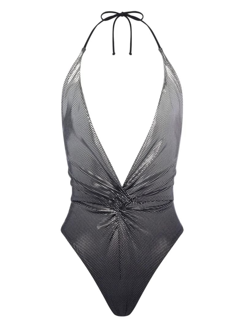 Abstract Texture Twisted Plunging Halter One Piece Swimsuit