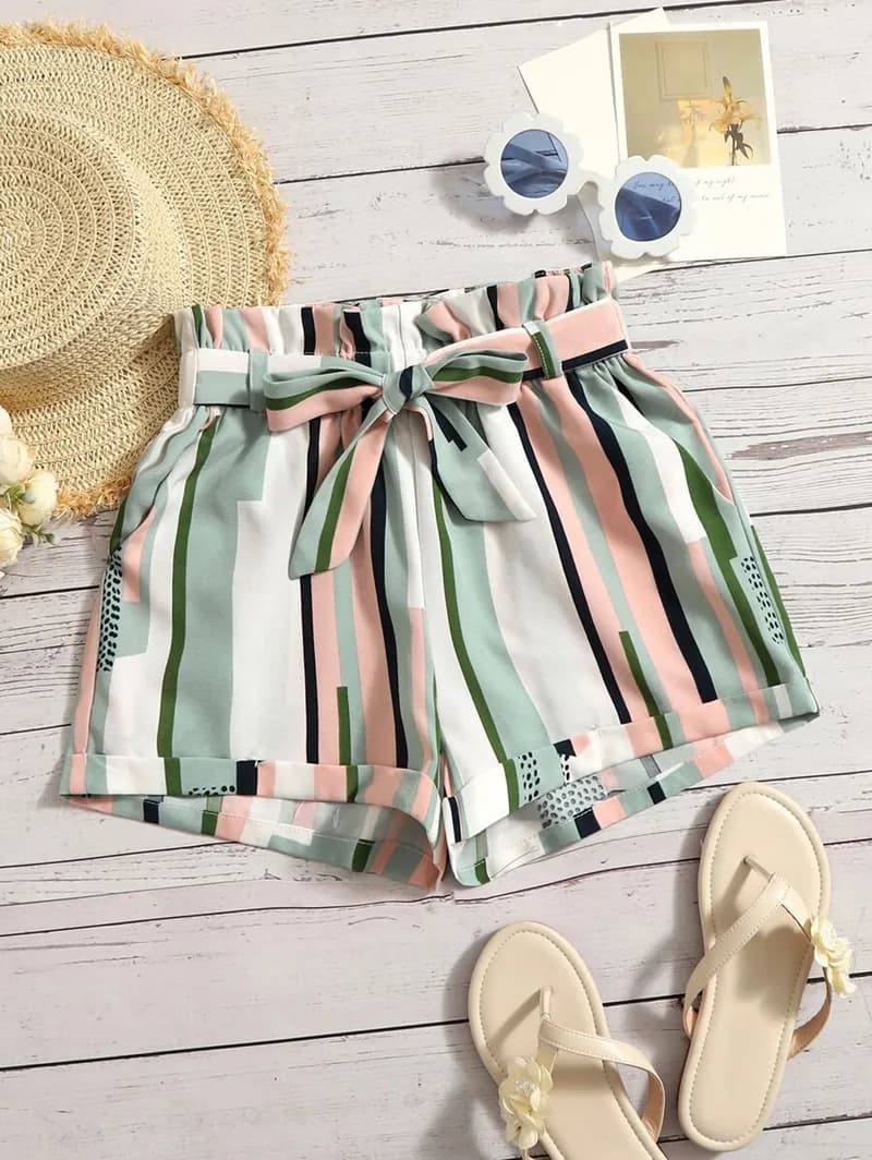 Belted Striped Paperbag Shorts — image 1 of 1
