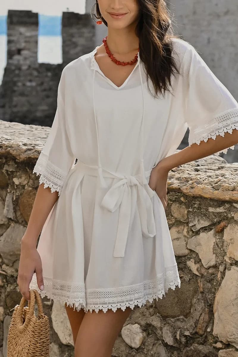 Belted Tie Front Lace Cover-Up Dress