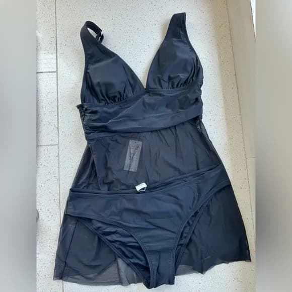 Emerge Shirred Mesh Panel Swim Dress — image 1 of 1