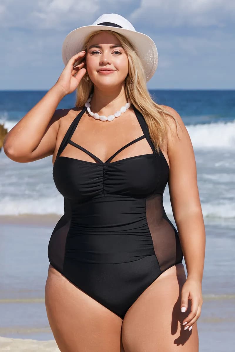 Emerge Strappy Shirred Mesh Plus Size One Piece Swimsuit — image 1 of 1