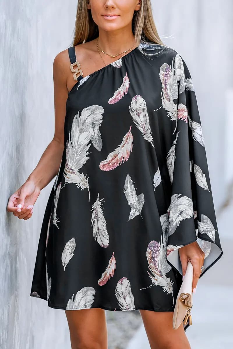 Feather Print One-Shoulder Mini Dress — image 1 of 1