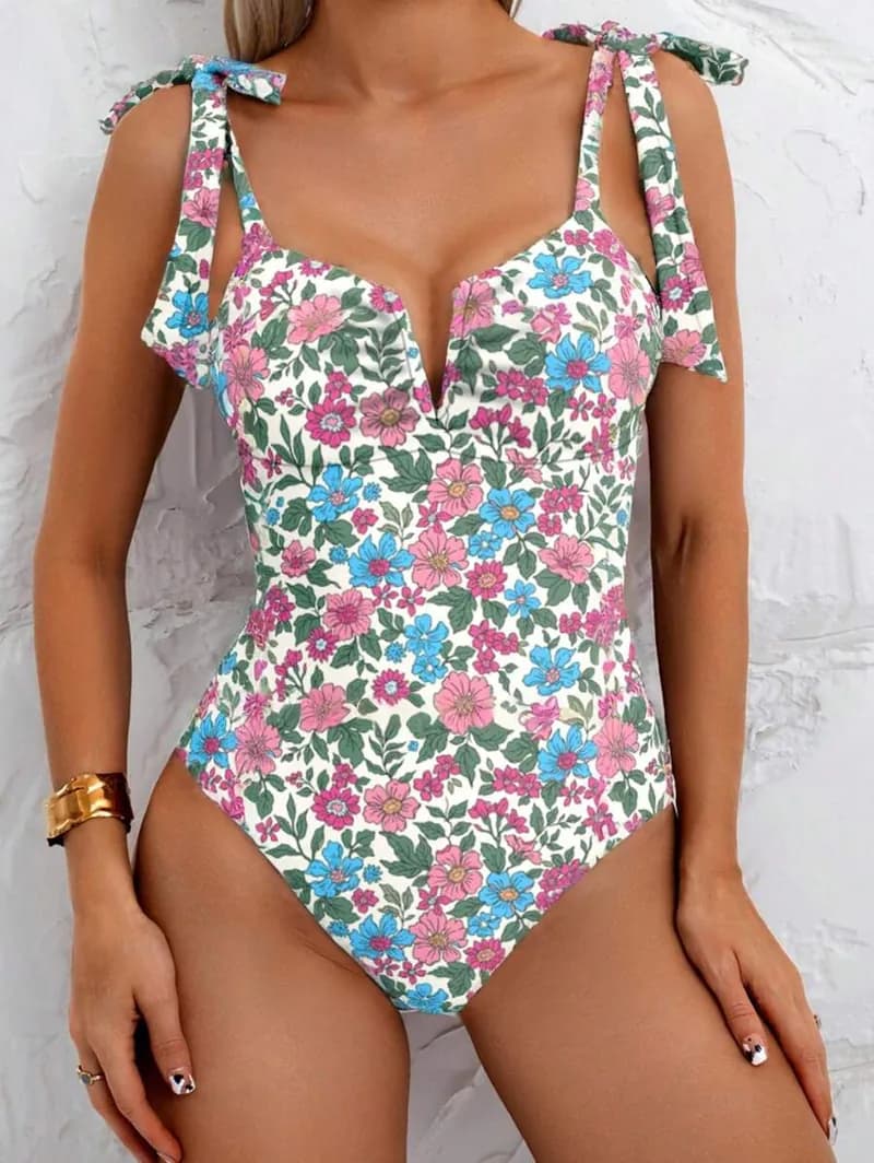 Floral Print Plunge One Piece Swimsuit — image 1 of 1