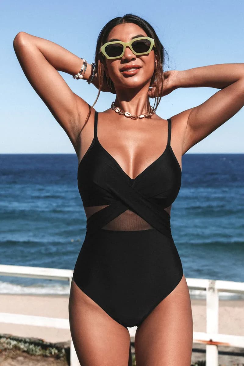 Forest Adventure Solid Mesh Wrap Front Cutout Black One Piece Swimsuit — image 1 of 1