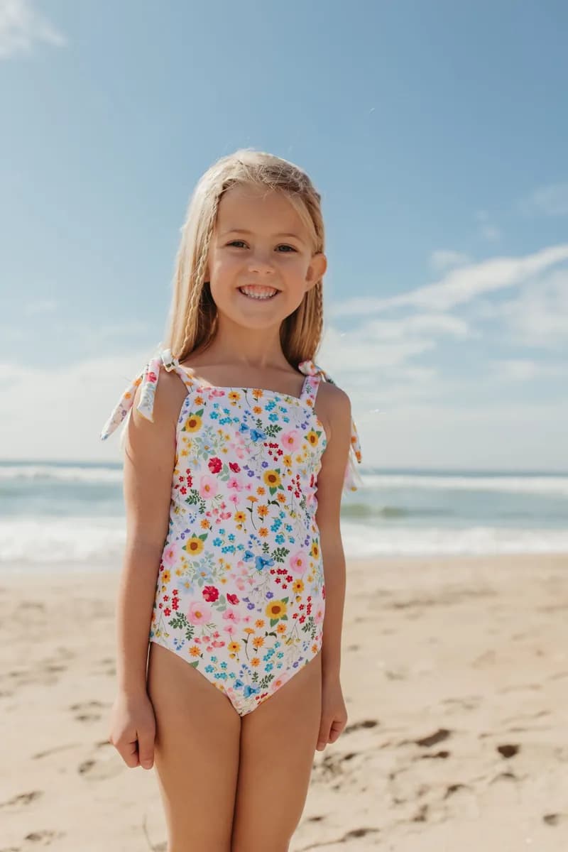 Girls Art Strokes Blooming Tie Strap One Piece Swimsuit — image 1 of 1