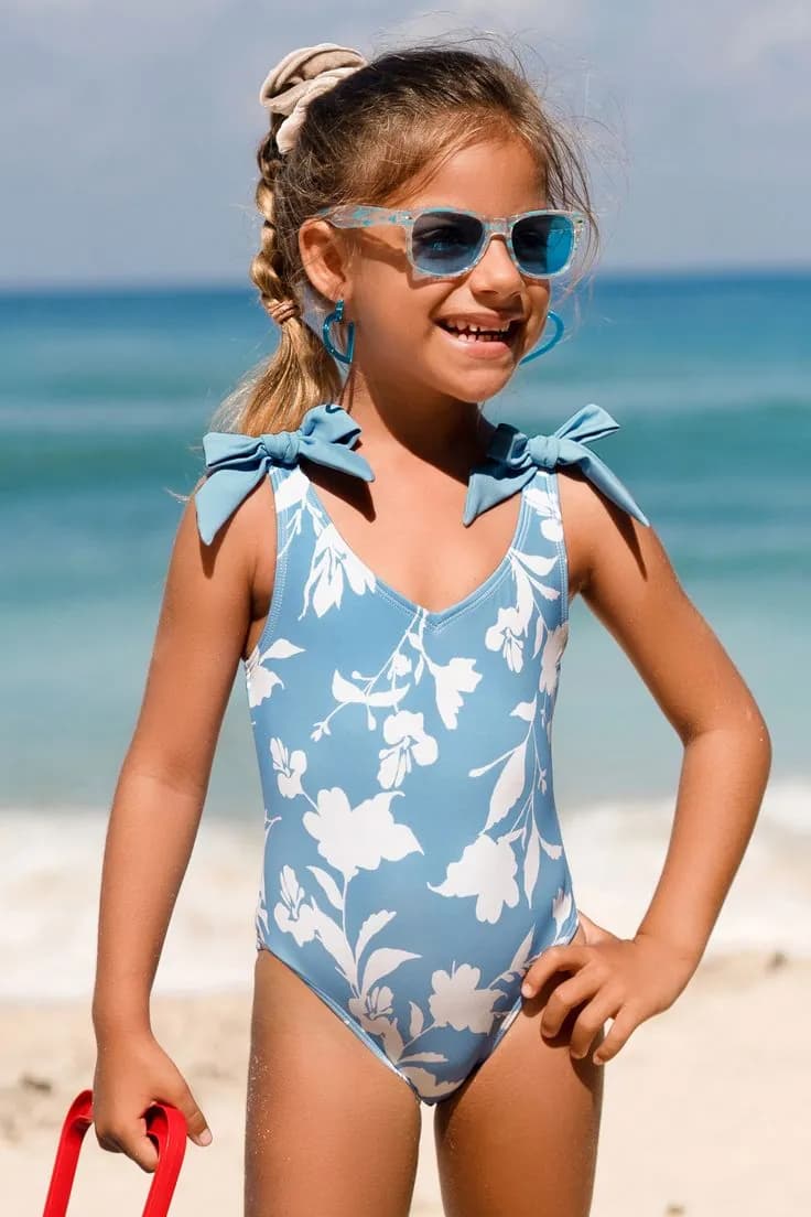 Girls Blue Flower Tie Strap One Piece Swimsuit — image 1 of 1