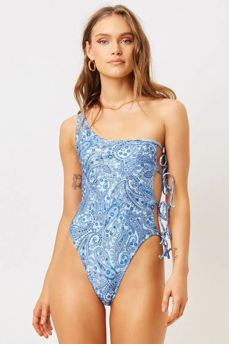 Honey One Shoulder Cheeky One Piece Swimsuit - Blue Paisley — image 1 of 1