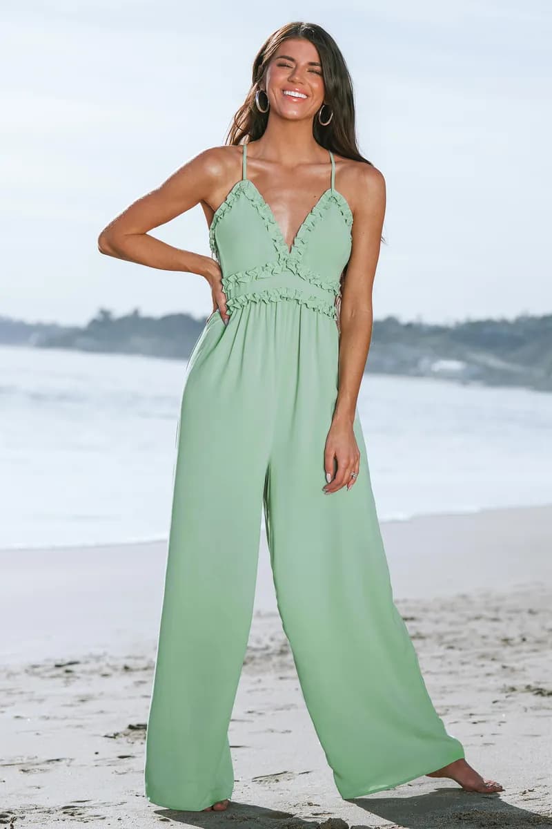 X Madison Beach Wedding Love Ruffled Cross Back Jumpsuit — image 1 of 1