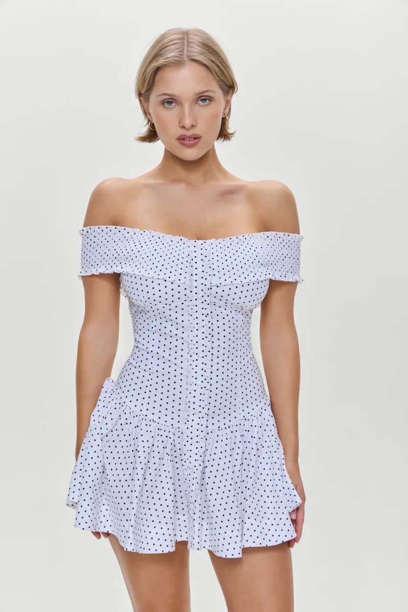 Mae Off Shoulder Mini Dress - White Polka Dot — image 1 of 1