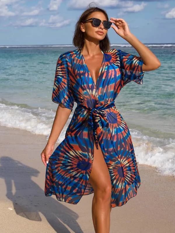 Multicolored Abstract Print Belted Cover-Up Kimono — image 1 of 1