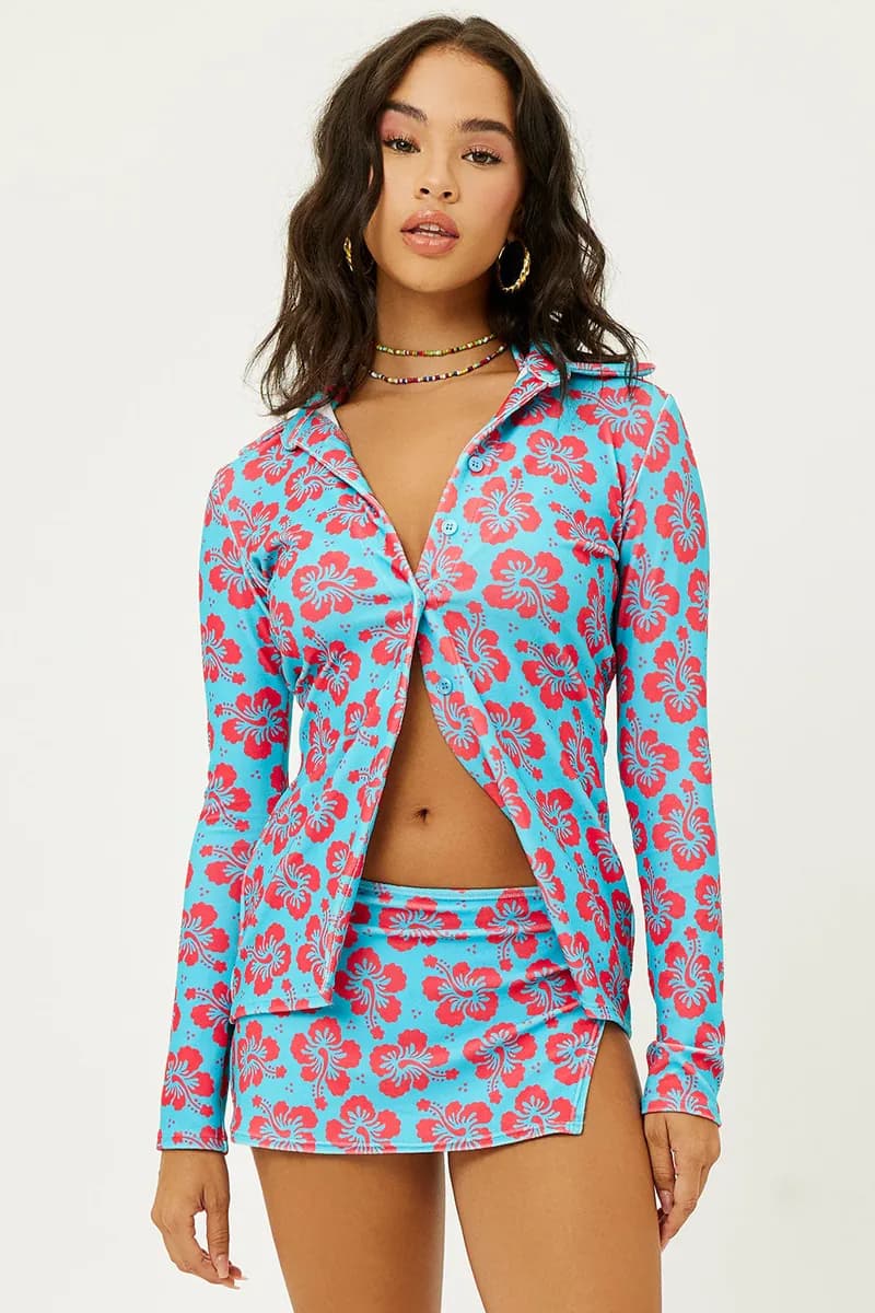 Nova Terry Floral Long Sleeve Button Up - Blue Magic — image 1 of 1