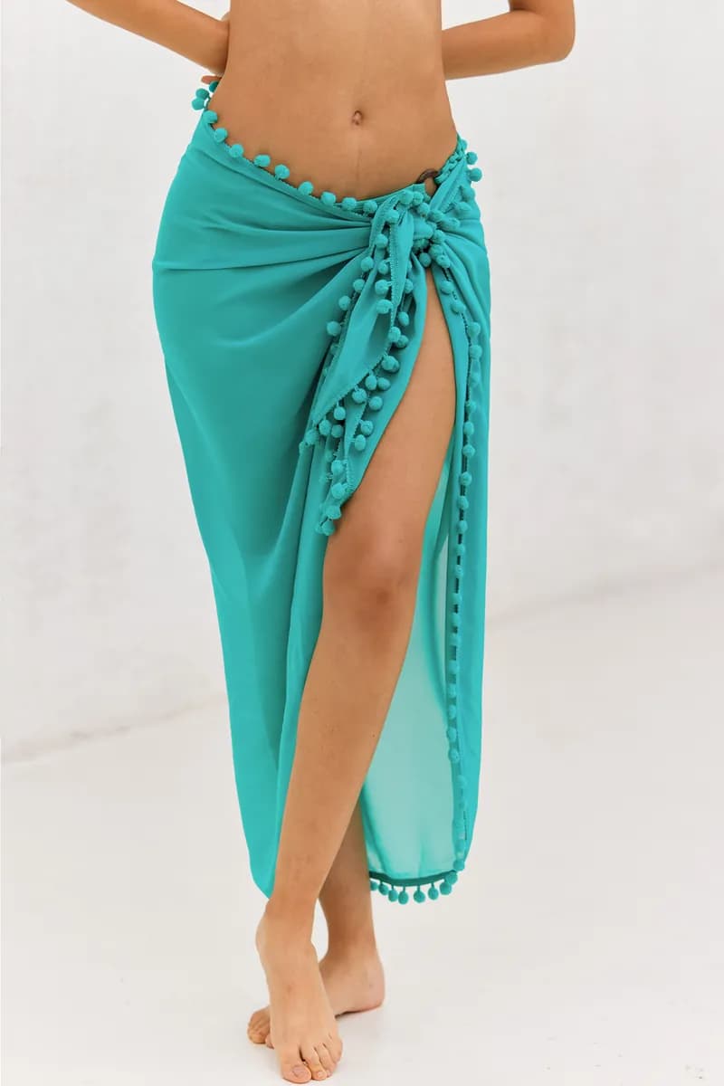 Pom Pom Trim Tie Side Cover-Up Sarong — image 1 of 1