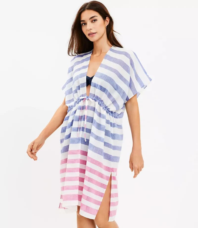 Striped Mesh Drawstring Cover-Up Dress — image 1 of 1