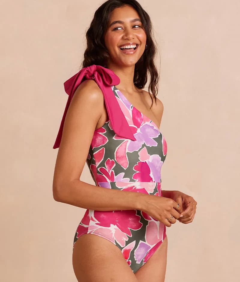 The Bow-Shoulder Ruched Sidestroke - Twilight Floral in Olive — image 1 of 1