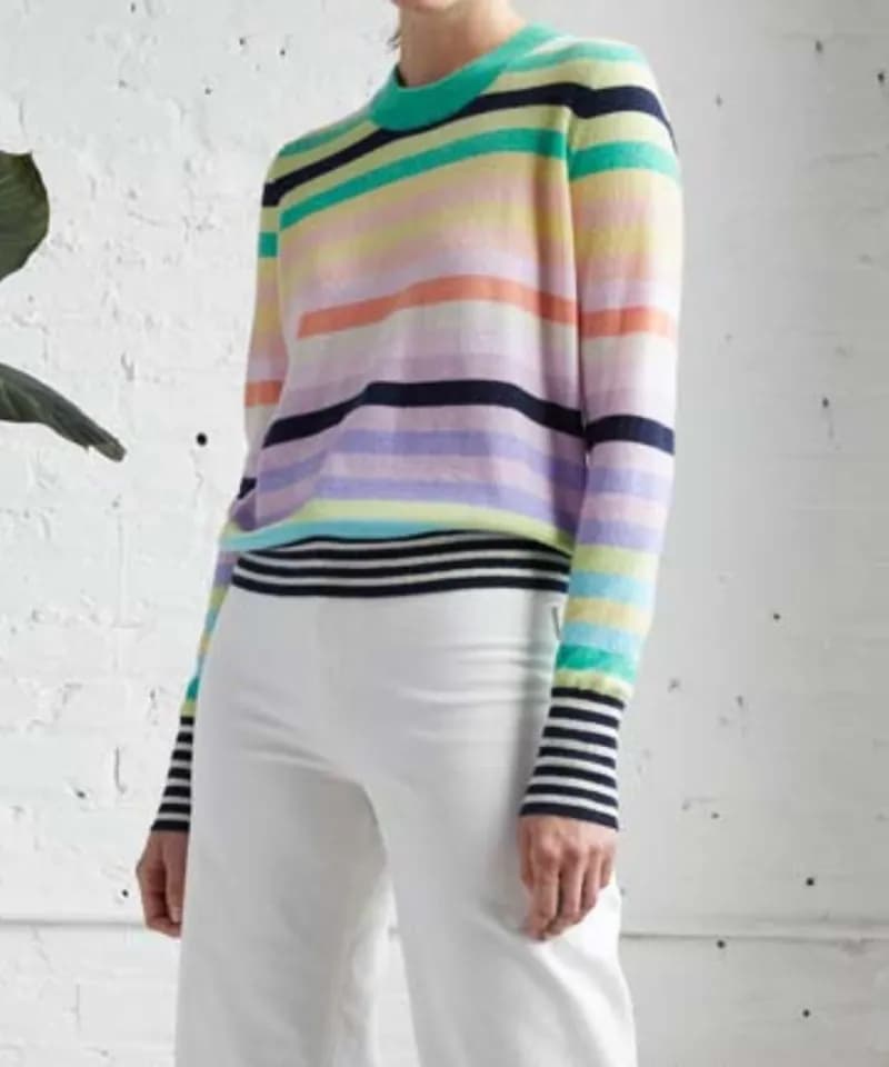 The Coziest Cashmere Blend Striped Crew - Rainbow Stripe on Wolf — image 1 of 1