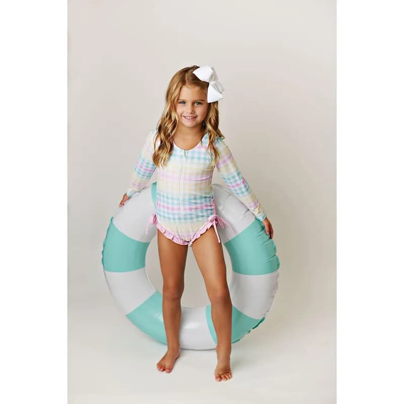 The Kids' Rash Guard - Gingham in Calypso — image 1 of 1