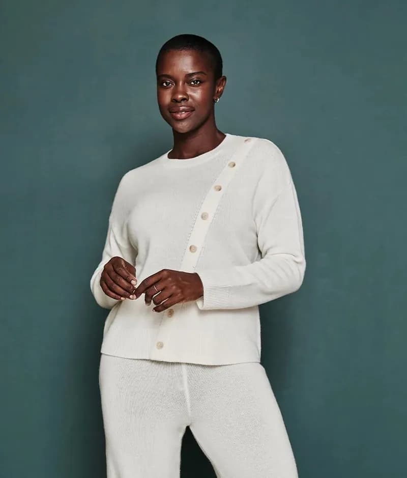 The Luxe Cashmere Blend Button Crewneck - White Sand — image 1 of 1