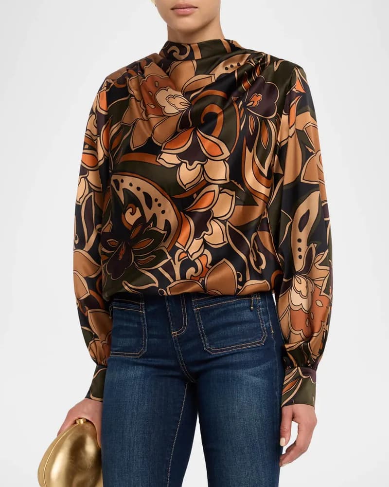The Silky Mock Neck Blouse - Wildflower Fields in Sunshine & Coral — image 1 of 1